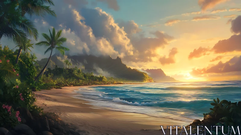 Tropical Sunset over Hawaiian Volcanic Coastline