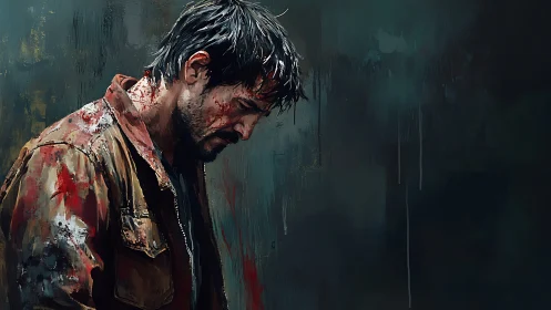 Bloodied man in profile stands against dark abstract backdrop