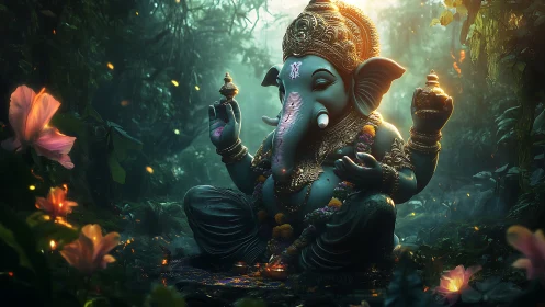Divine Ganesha statue glows softly in a mystical jungle