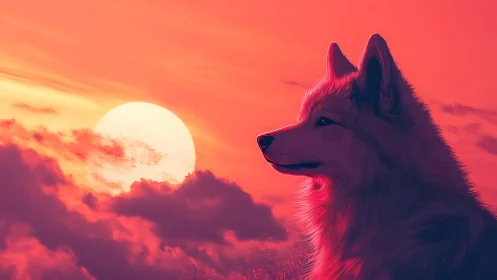 Lone wolf gazes toward a neon pink sunset sky in silence.