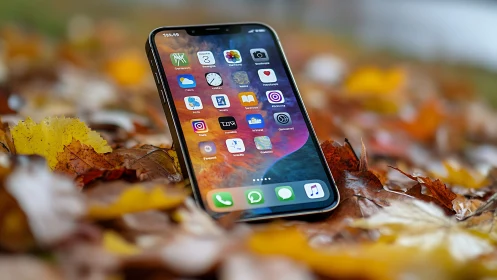 Smartphone with application interface displayed on autumn foliage
