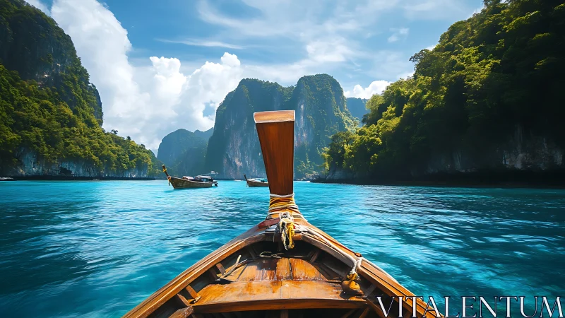 Longboat prow view approaching limestone karst formations.