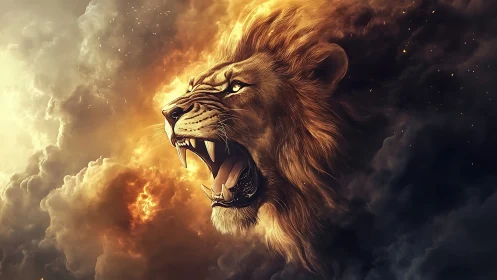 Digitally rendered lion head emerging from dense clouds.