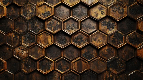 Hexagonal rusted metal relief wall exhibits deep procedural weathering