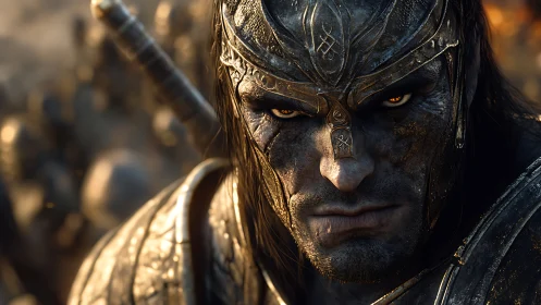 Armored warrior close-up in battle-ready fantasy setting.