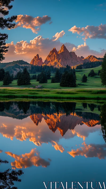 Sunlit mountain peaks mirrored in a calm evening lake.