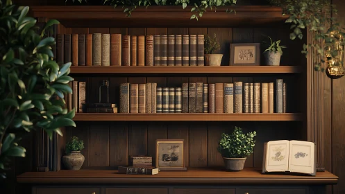 Warm-toned wooden bookshelf with vintage books and botanical decor