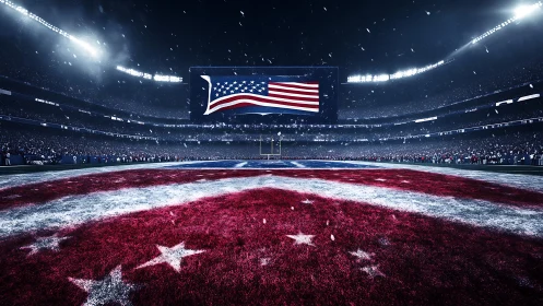 American football stadium displays illuminated US flag field