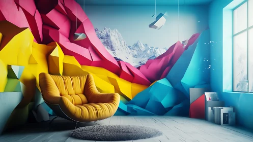 Modern lounge with geometric wall art and mountain imagery.