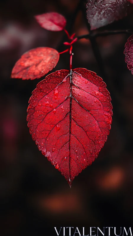 Red leaf hangs centered with sharp detail and dark bokeh backdrop