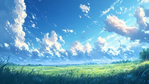 Wide-angle summer grassland under expansive cumulus sky