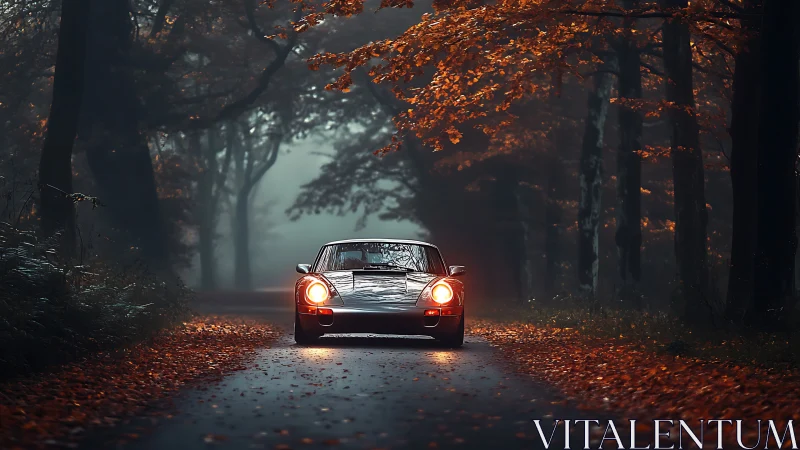 Classic sports coupe on misty autumn forest road at dusk