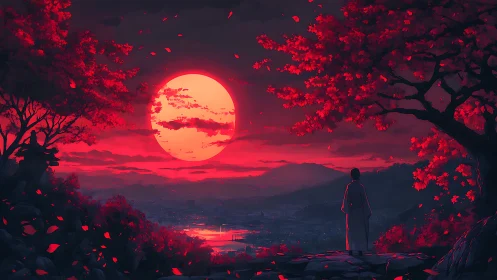 Solitary wanderer gazes over a crimson moonlit valley