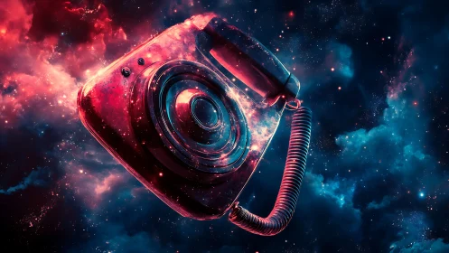 Retro rotary phone drifts through nebulae in neon cosmic space