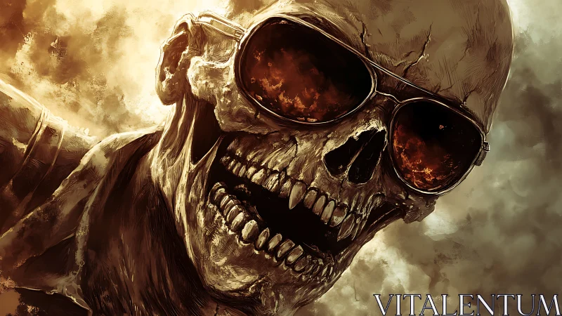 Skeletal figure with sunglasses in smoky atmospheric scene.