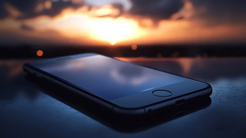 Low-angle smartphone macro under defocused sunset sky glow.