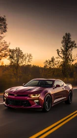 Red performance coupe driving on rural highway at sunset.