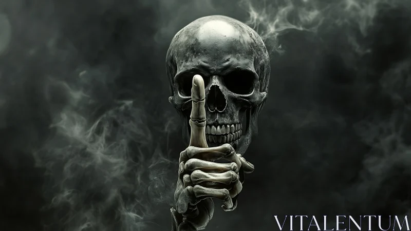 Silent skull oracle raises a bone-white finger to hush night.