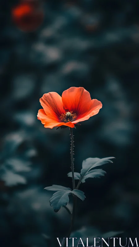 Scarlet poppy glows like a ember in deep forest hush.