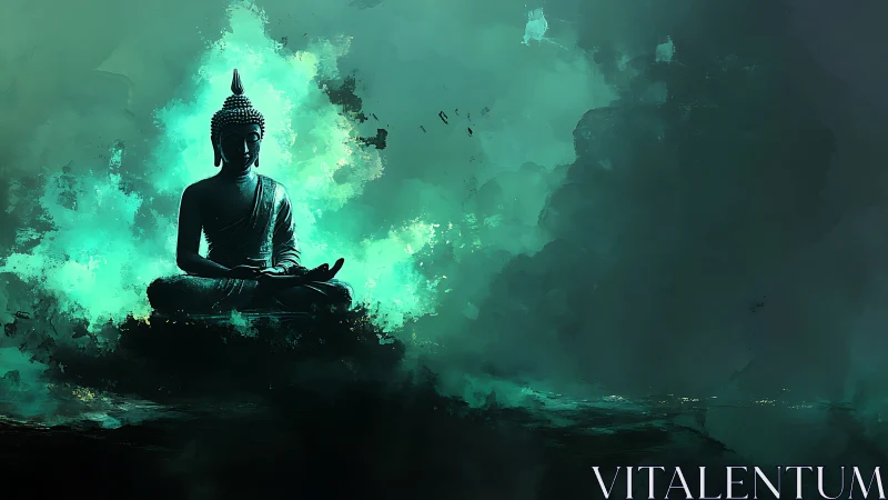 Buddha silhouette meditates in glowing teal cosmic mist.