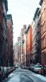 Winter city street lined with parked cars and tall facades.