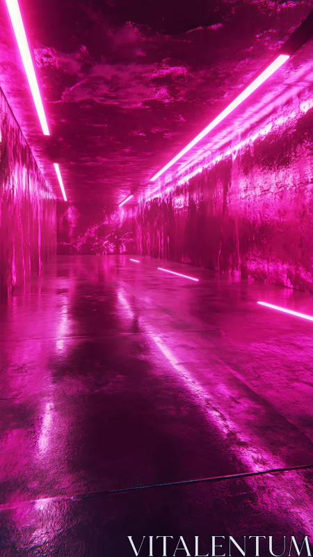 Neon pink tunnel with reflective floor and linear lights.
