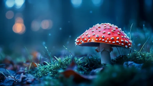 Photorealistic fly agaric macro with cinematic forest bokeh.