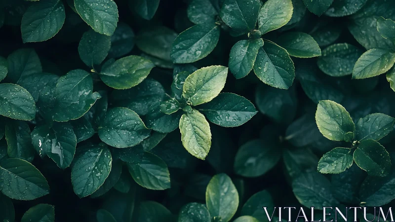Rain covered green leaves in dense natural foliage.