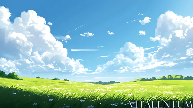 Endless summer meadow under vast drifting clouds.