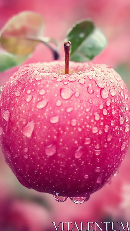 Lustrous pink apple with dewy droplets in soft bokeh field.