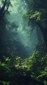 Misty forest pathway with dense vegetation and atmospheric lighting
