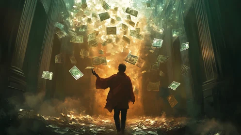 Storm of money in burning hall with lone figure ascending.