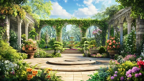 Sunlit courtyard garden with stone arches and fountain.