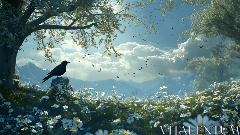 Solitary crow watches a glowing mountain meadow awaken