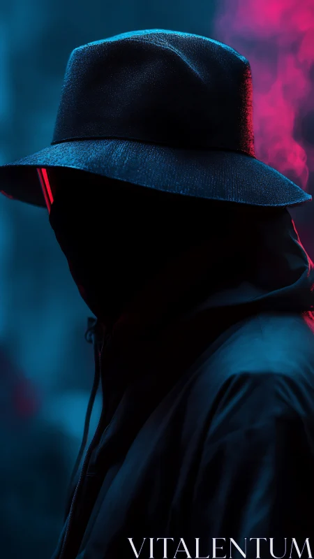 Silhouetted figure in hat under neon cyan and magenta light.