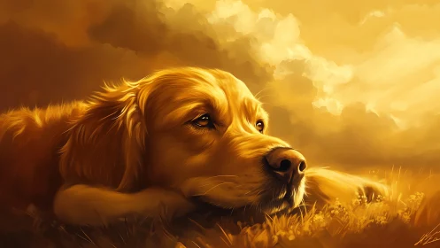 Golden retriever study in warm monochrome digital painting.