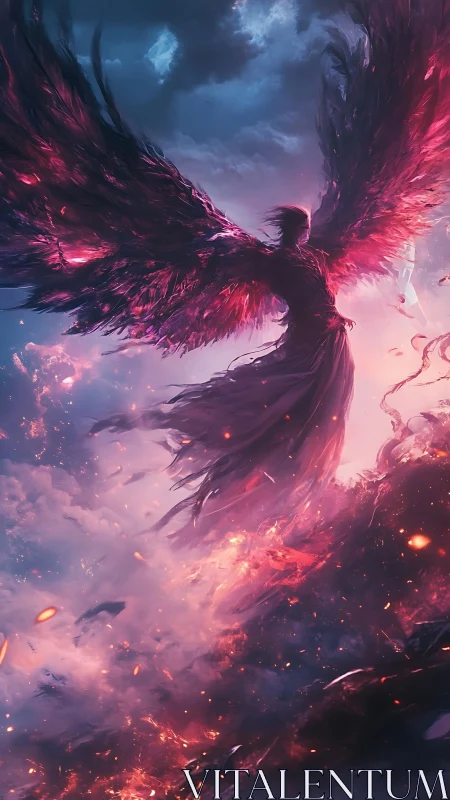 Midnight winged guardian rising through ember-lit clouds.