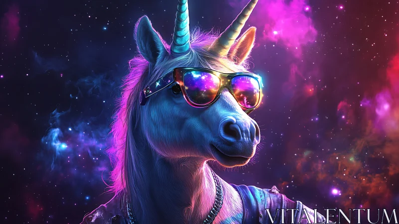 Chromatic spacefaring unicorn portrait with spectral reflections.