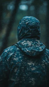 Quiet figure in digital camo jacket stands in soft forest rain
