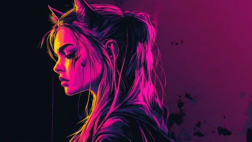 Neon-lit side profile of cyberpunk girl with demon horns