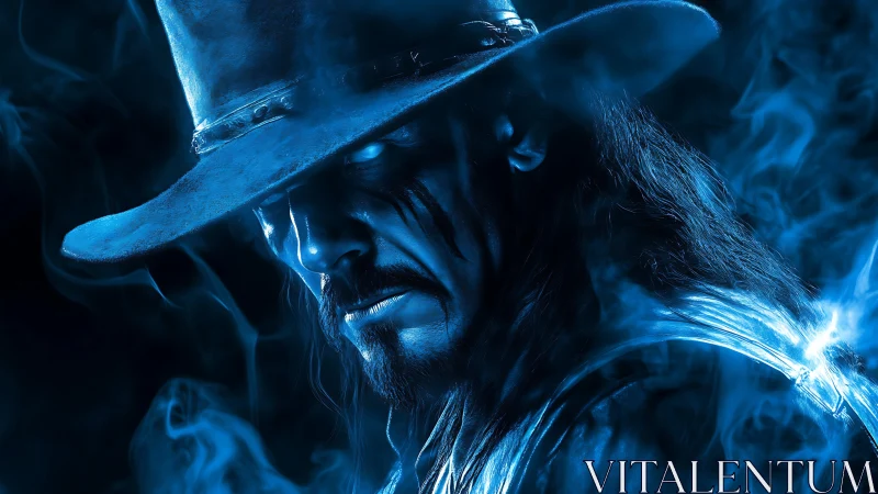 Mysterious blue cowboy emerging from swirling midnight smoke.