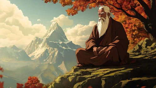 Mountain sage meditating beneath autumn canopy at dusk.