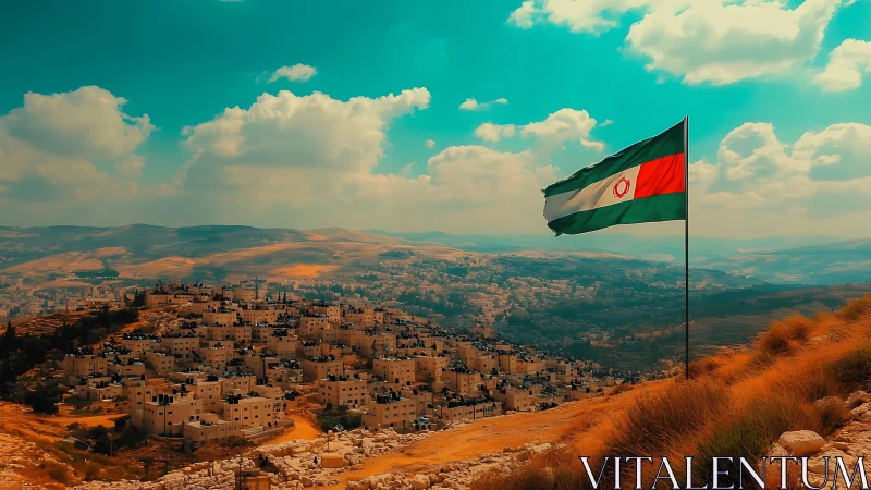 Vibrant hillside cityscape unfolds beneath a bold flag.