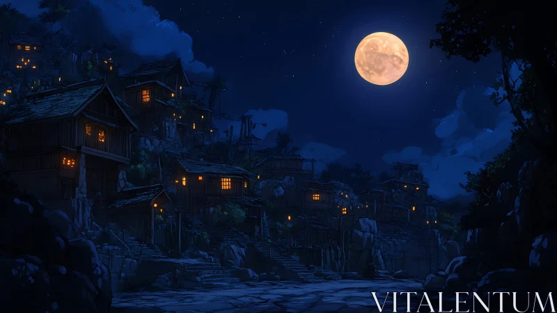 Hillside wooden settlement under full moon at night.