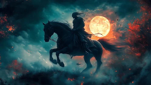 Lone midnight rider crossing a moonlit, ember-lit mist.