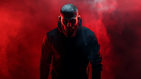 Brooding man in hooded sweatshirt amid red cinematic smoke.