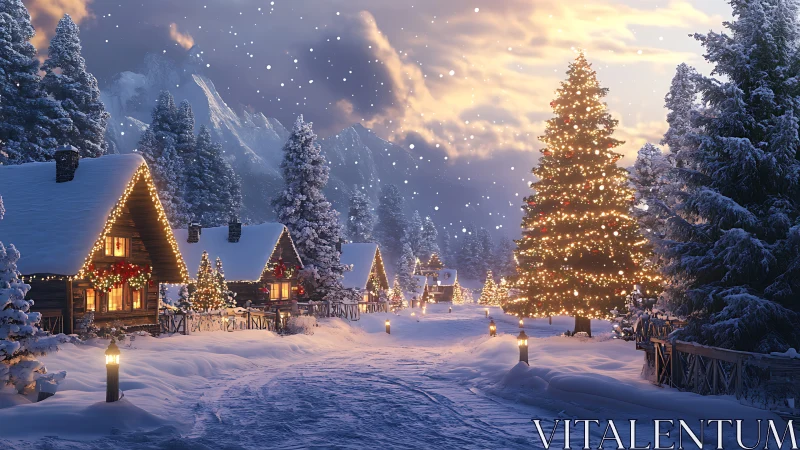 Photorealistic alpine village with illuminated Christmas architecture.