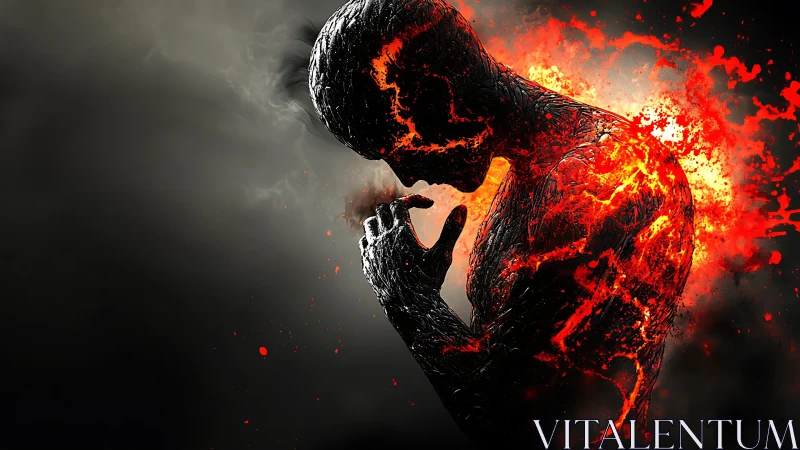 Fiery silhouette pauses in quiet thought amid erupting flame