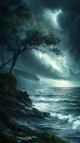 Moonlit storm rolling over rugged coastal shoreline at dusk.