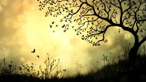 Whispers of dusk under a curling tree of tiny wings.